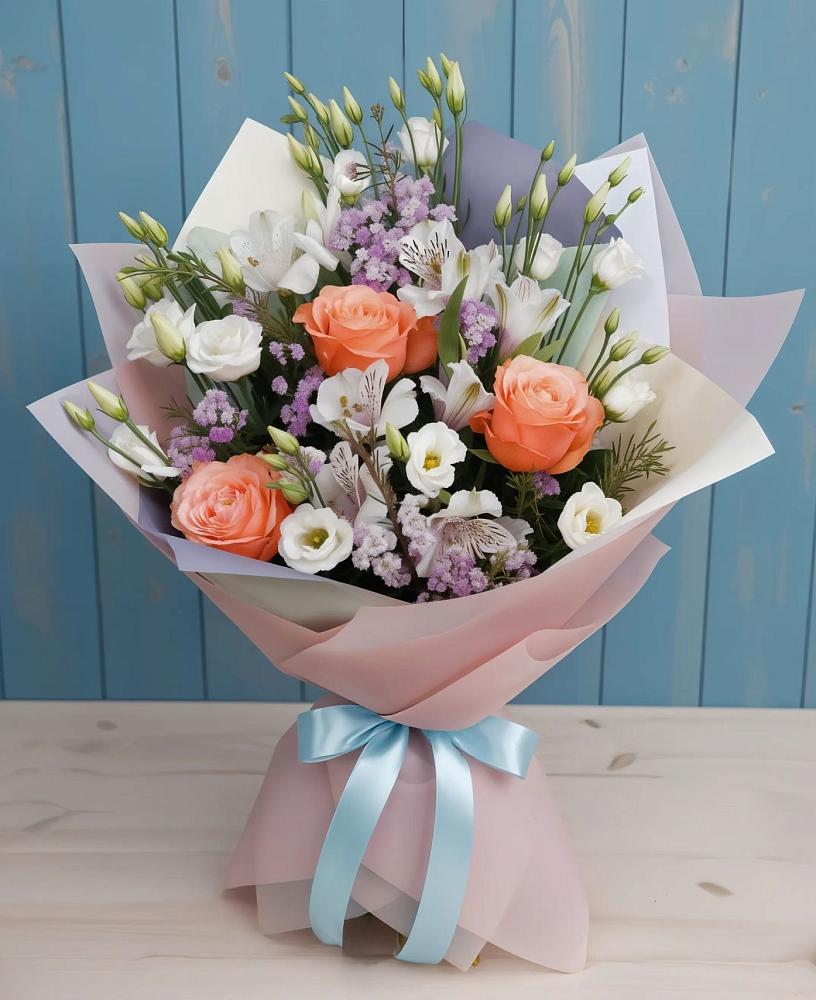 Букет цветов из: Лизиантусы, Розы, Альстромерии и Гипсофила в Обухово