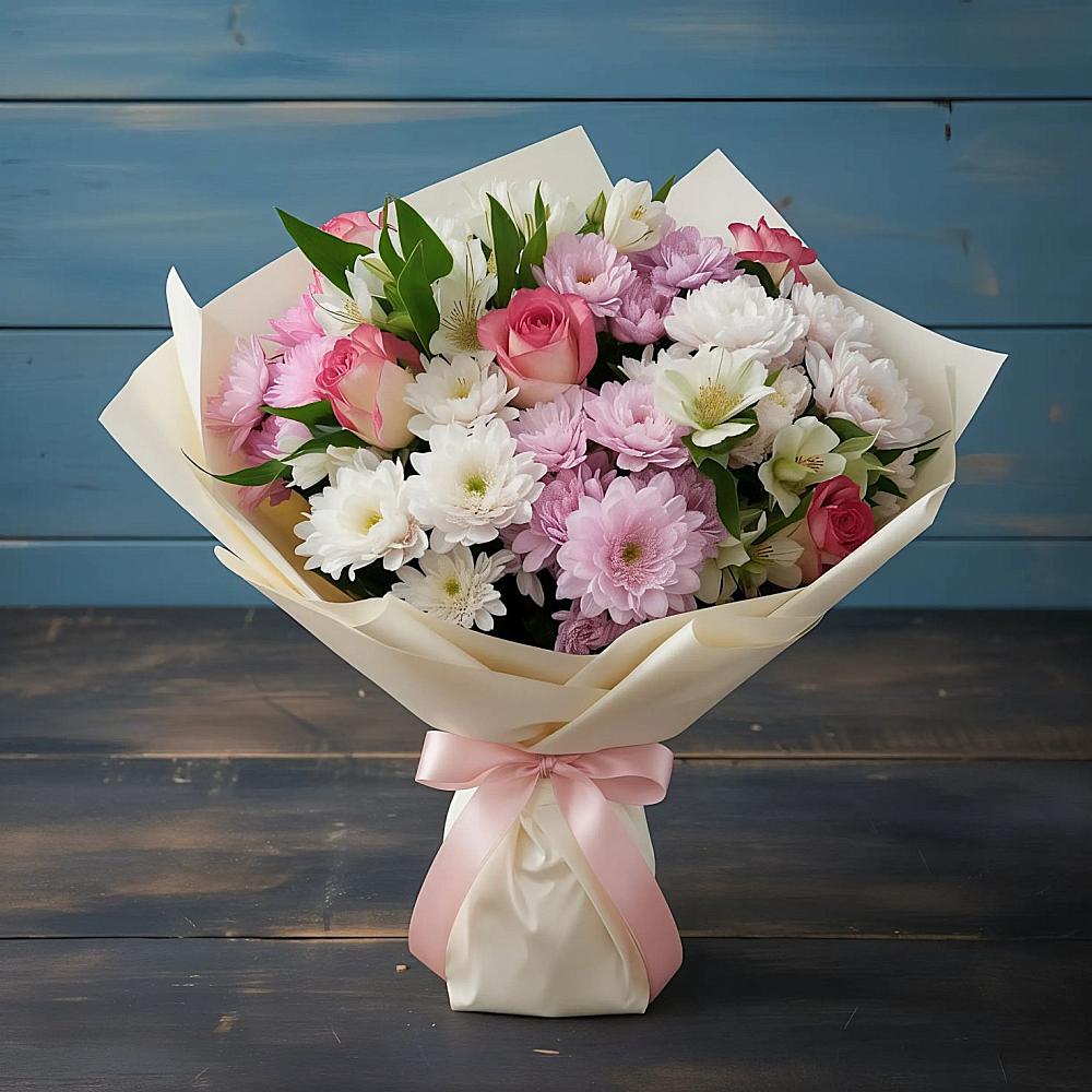 Букет цветов из: Хризантемы, Альстромерии и Розы в Обухово